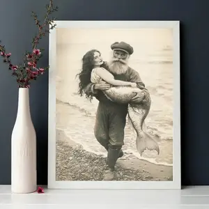 1pc Vintage Mermaid Nautical Canvas Poster - Unframed Boho Wall Art, Black & White Beach Scene with Elderly for Man & Mermaid, Ideal for Living Room, Home & Holiday Decor, Gift, Mermaid Party Decorations, Christmas Decor