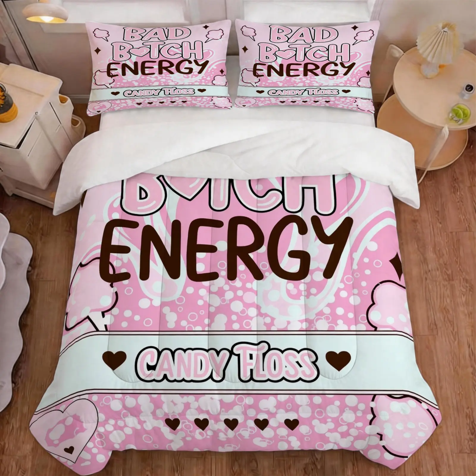 Bad Bitch Energy Pink Marshmallow Style Quilt Set (2/3 Pcs Pack, 1 Quilt + 1/2 Pillowcase), Soft All-season Bedding Set With Pillowcase, for Bedroom, Dormitory, Girl Bedroom Decorative Bedding Supplies