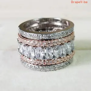 Metal Micro Paved Geometric Ring, Oval Zircon Fashion Jewelry For Daily Wear