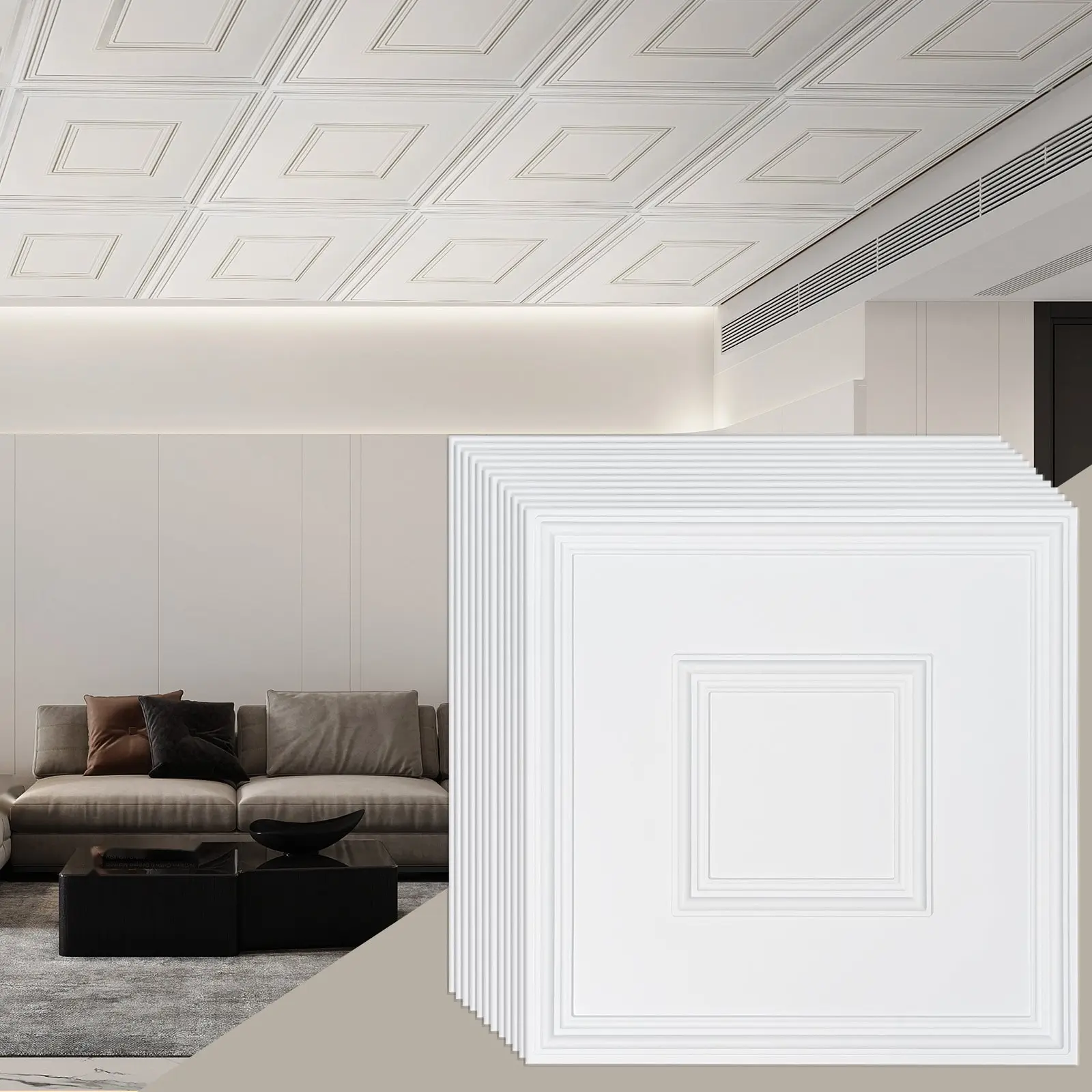 Ceiling Tiles, 12-Pack, 24 X 24 Inches, Premium PVC Panels for Drop-In or Glue-Up Installation, Easy Cutting and Fast Install, White Ceiling Covering for Home and Office Renovation, Durable, Lightweight, Low Maintenance Decor