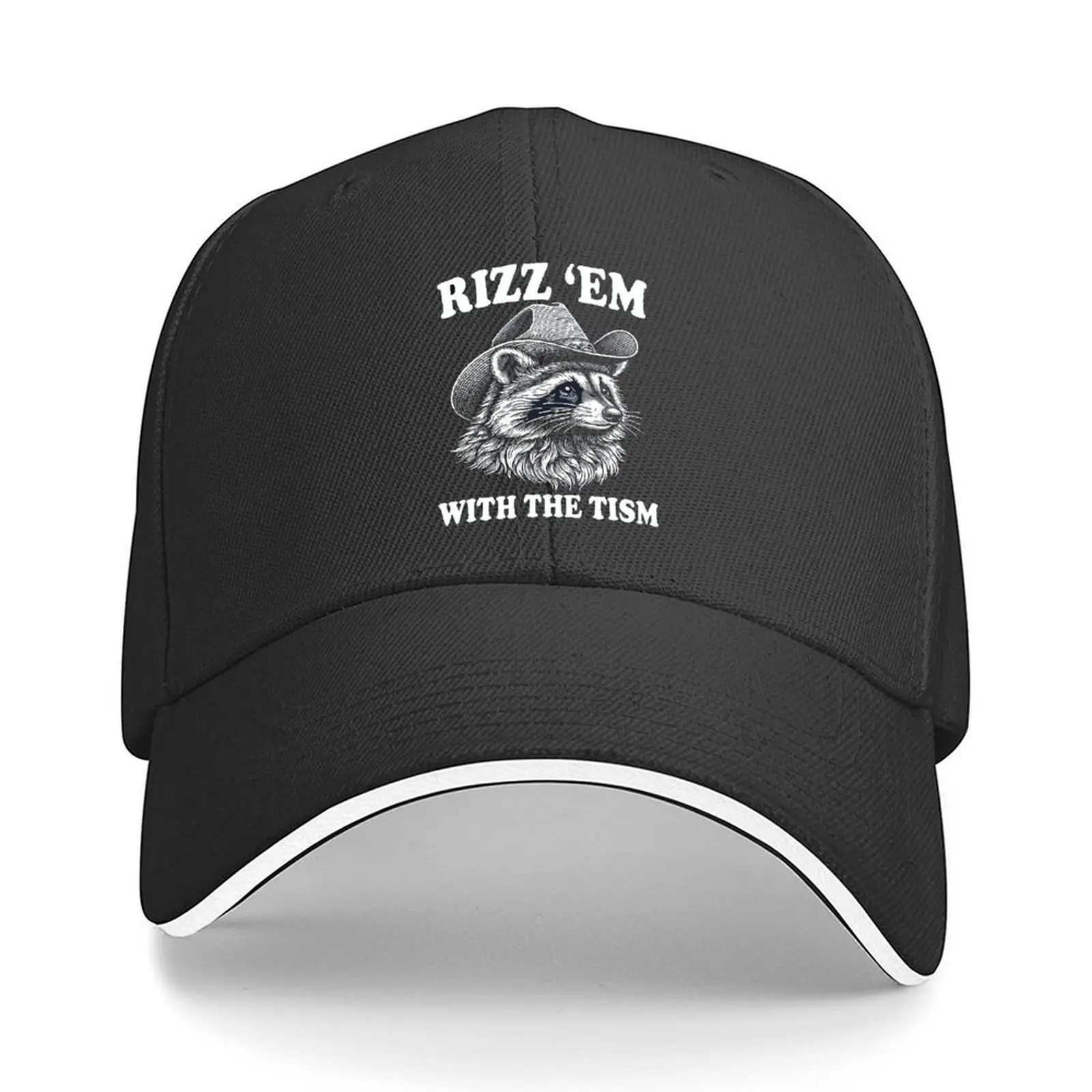 Rizz Em The Tism Funny Raccoon Meme Hip Hop Wear Raccoon Baseball Cap, Sandwich Baseball Cap, Adjustable Baseball Cap for Men And Women