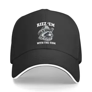Rizz Em The Tism Funny Raccoon Meme Hip Hop Wear Raccoon Baseball Cap, Sandwich Baseball Cap, Adjustable Baseball Cap for Men And Women