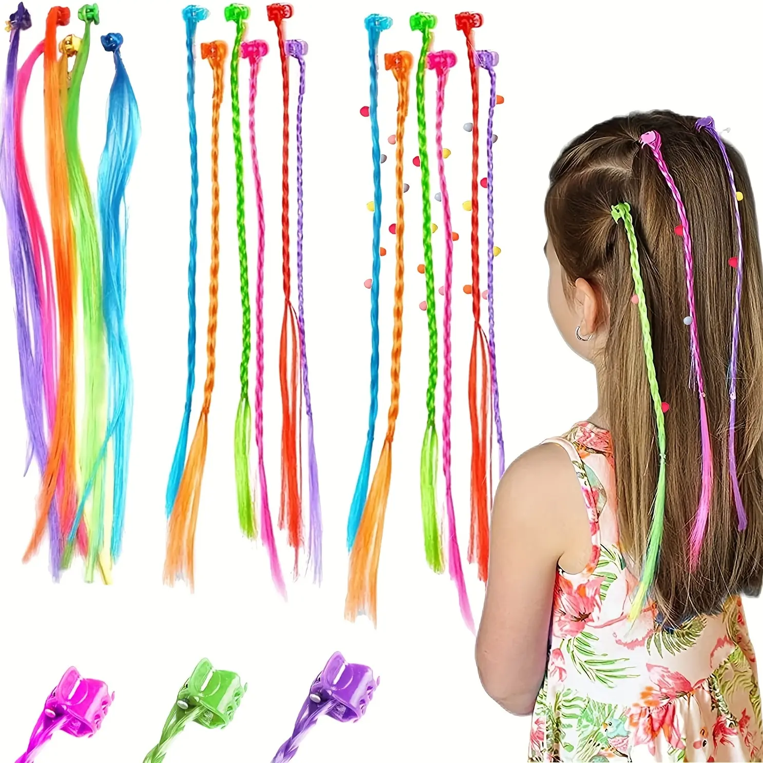 Women's 18pcs Clip-On Rainbow Synthetic Colored Hair Extensions - Mixed Color Hairpiece, Plastic Vibrant Braids, Non-Textile Weaving, All-Season Fashion Accessory for Teen Girls, Ideal for Birthdays, Christmas Gifting, Braiding Extensions, Hair Braids