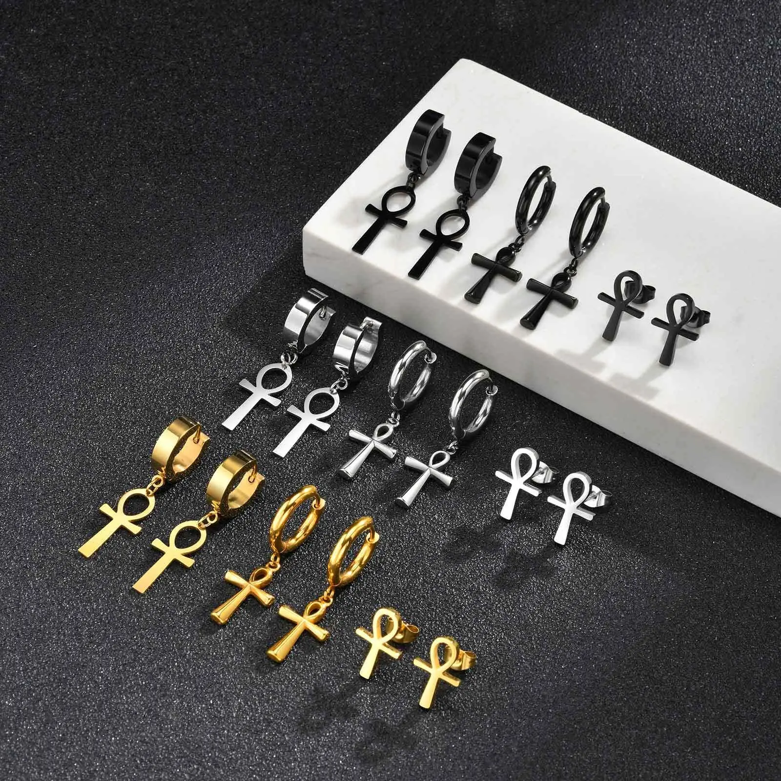 Vnox Ancient Egyptian Ankh Cross Earrings for Men, Stainless Steel Geometric Hoop Huggie Jewelry Gifts, Faith Ankh Stud Earring