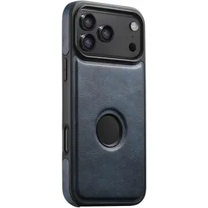 Leather Cover for iPhone 17/17 Air/17 Pro/17 Pro Max, Wireless Charging Phone Case Logo View Retro Shockproof Shell Blue