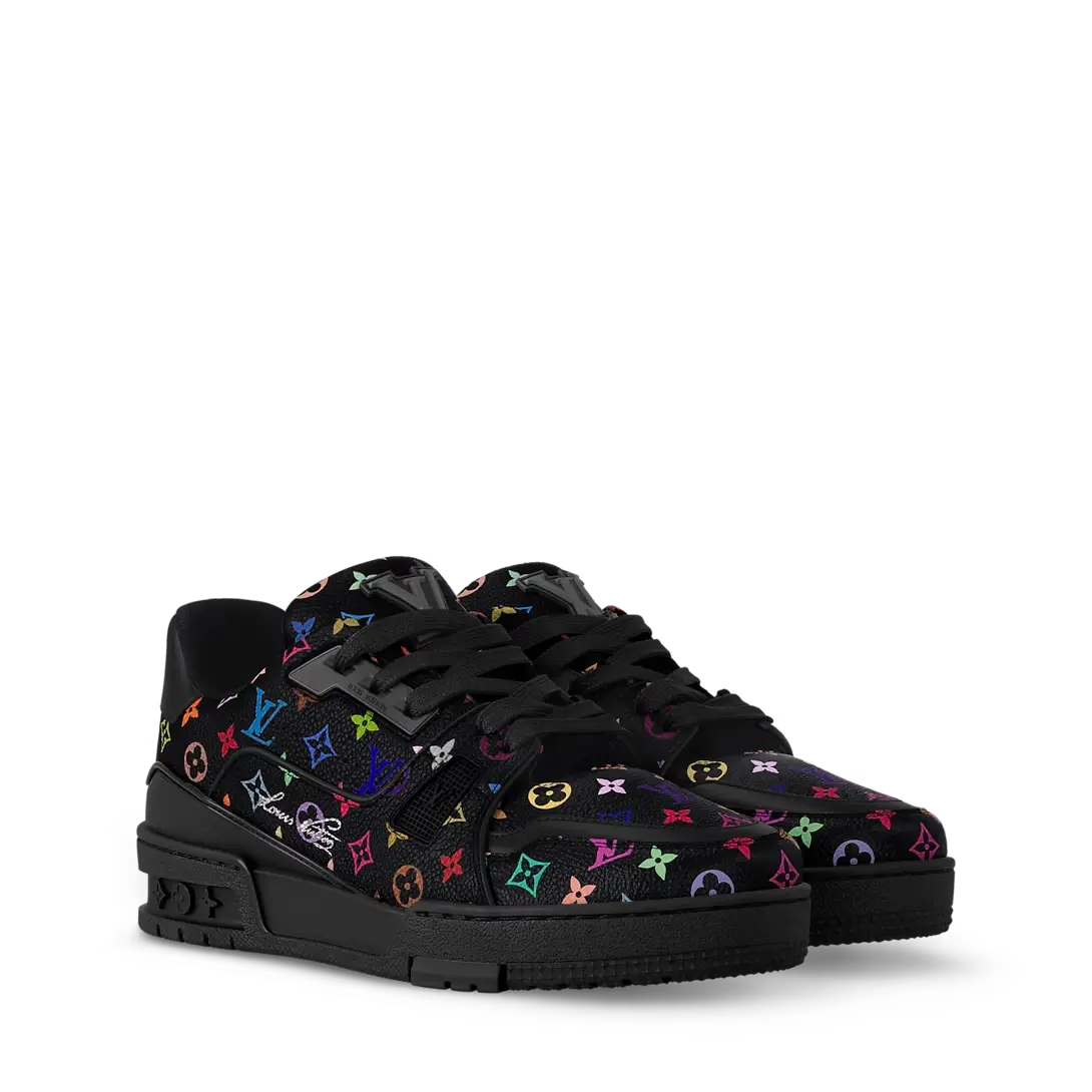 ‮   nottiuV siuoL ‬    Classic Ｔｒａｉｎｅｒ Ｓｎｅａｋｅｒ Retro Skate Shoes, Luxury Multicolor Floral Print Low-Top Leather Sneakers for Men |   Good Condition