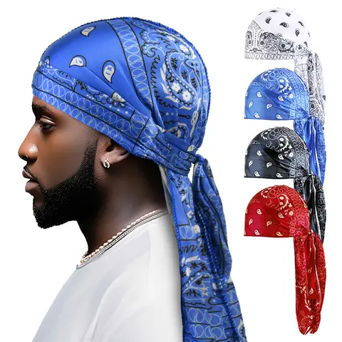 4pcs Men's Paisley Silky Durags Du Rags Bandana Cap Pirate Hat Headband Long Tail Cap