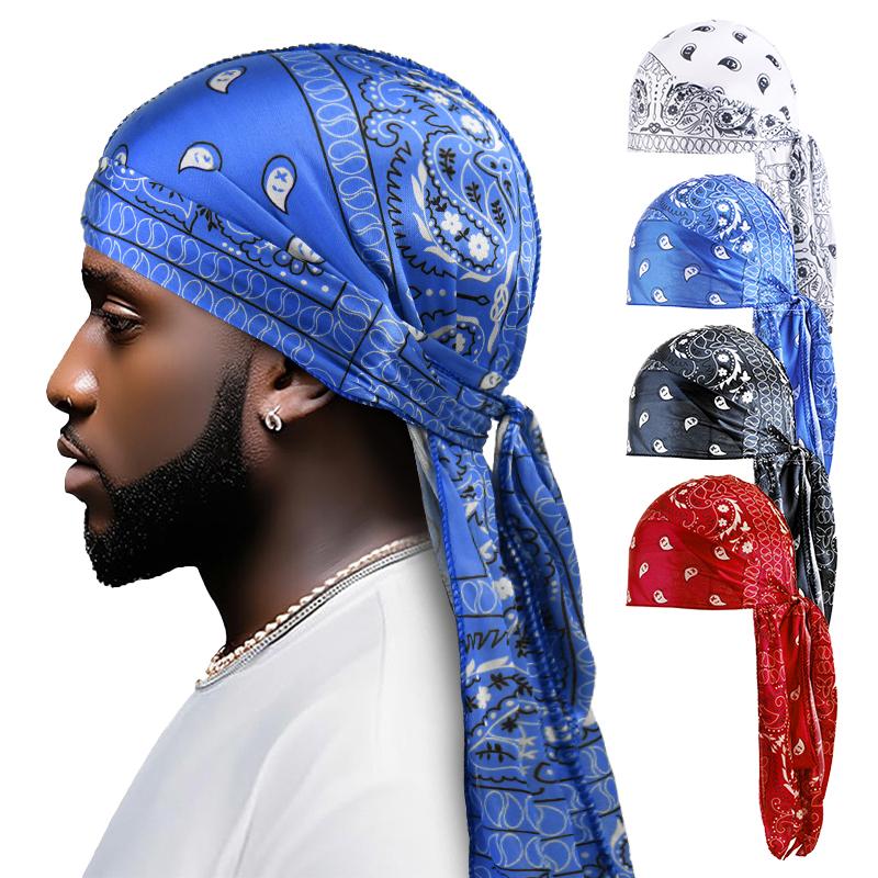 4pcs Men's Paisley Silky Durags Hiphop Head Wrap Du Rags Bandana Cap Pirate Hat Headband Long Tail Cap