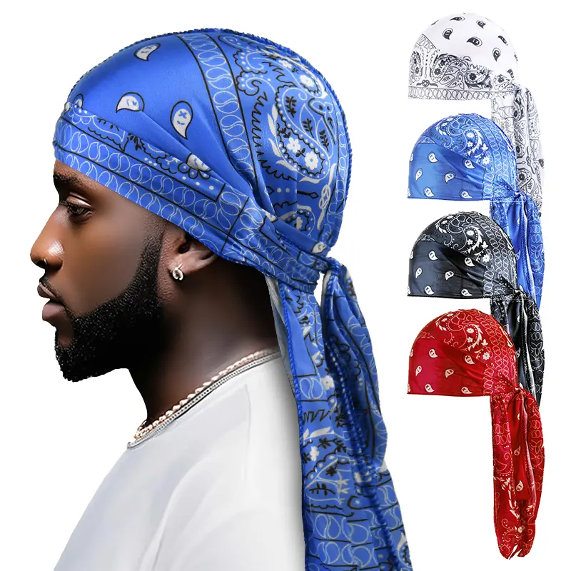 4pcs Men's Paisley Silky Durags Hiphop Head Wrap Du Rags Bandana Cap Pirate Hat Headband Long Tail Cap