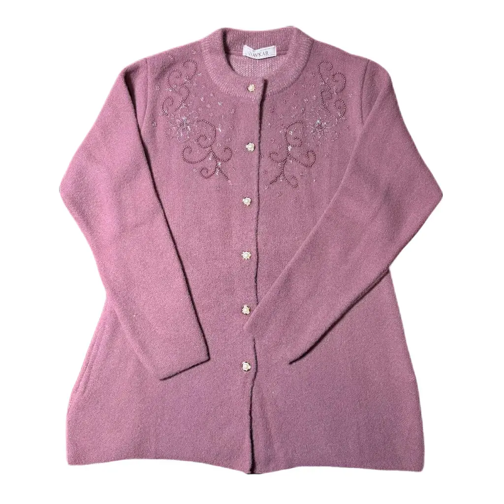 Women's Elegant Embroidered Floral Woolen Knit Cardigan Sweater - Long-Sleeve, Button-Front, Medium-Length, Casual Knitwear Top with Elegance Focus