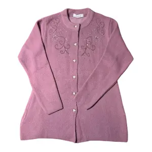 Women's Boutique Long Sleeve Woolen Knitwear Top - Lady's Elegant Casual Clothes, Embroidered Floral Details, Button-Front Closure