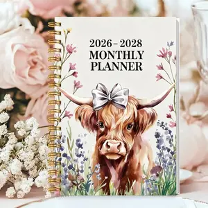 Elegant Floral Cow Design Planner Notebook, Weekly Monthly Layout, Spiral Bound, Office School Home Gift, Durable Paper Organizer, Monthly Budget Planner