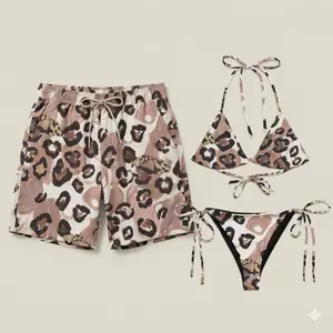 Matching Couple Swimwear Set - Trendy Brown Leopard Print - Two-Piece Triangle Bikini for Women & Quick-Dry Swim Trunks for Men - Perfect for Honeymoon, Beach Vacation & Pool Party