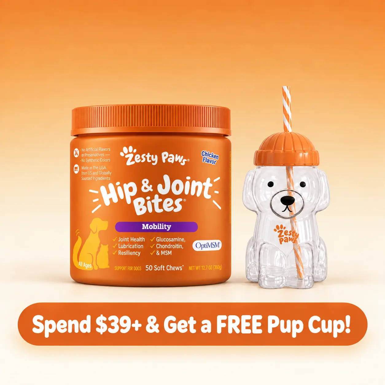 Zesty Paws Hip & Joint Mobility Bites for Dogs Natural Joint Health Supplements with OptiMSM Glucosamine & Chondroitin Sulfate 90 Soft Chews
