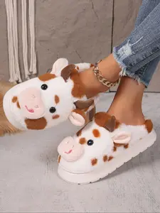 Cute Cow Design Plush Slippers, Casual Soft Comfortable Home Slippers for Indoor Outdoor Wear, Fluffy Fall & Winter House Shoes for Women & Men, House Slides