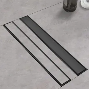 Shower Drain with Tile Insert Panels, 24 Inch Black 304 Stainless Steel Rectangle Shower Floor Drain, with Hair Catcher, Adjustable Feet, Fits Bathroom, Balcony
