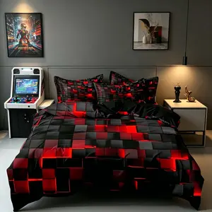 3-Piece Gaming Style Duvet Cover Set, Black & Blue Square Pattern Bedding with Glowing Abstract Design, Soft Microfiber Bedding, Suitable for Teen and Adult Bedroom Decoration (1 Duvet Cover + 2 Pillowcases, No Filler)