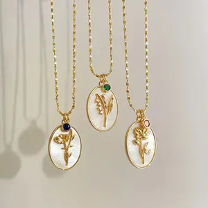 1 Piece Birth Flower Classic 3D Oval White Shell Pendant Necklace