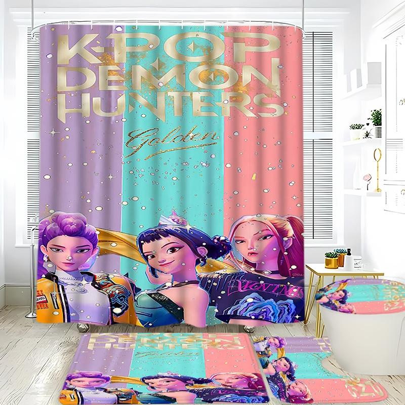 Creative K-Pop Demon Hunters Shower Curtain Set, Bathroom Accessories Kit with Mat, Toilet Lid Cover, Hooks, Two Sizes Available