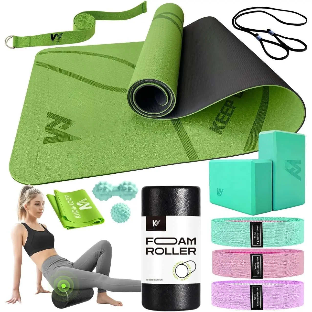 Yoga Starter Kit 12 in 1 - Yoga Set Include Yoga Mat,  Roller, 4 Resistance Bands, Yoga Blocks 2 Pack with Strap, 2 Peanut Massage Balls, Yoga kit and Sets for Beginners