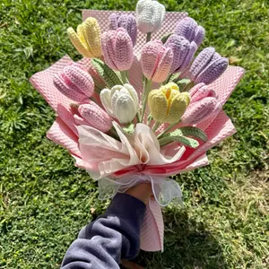 Crochet Pink and Purple Tulips Bouquet - Handcrafted Floral Arrangement with Soft Colors and Delicate Design
