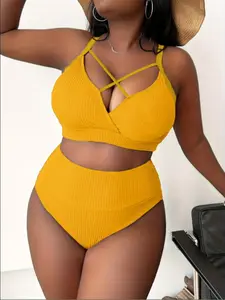 【Plus Size】solid Color Cross Front Bikini Set, Casual Swim Top & High Waist Swim Bottom, Women's Two-piece Swimsuit for Summer Beach Holiday Vacation, High Waisted Swimwear, Criss Cross Swimsuit