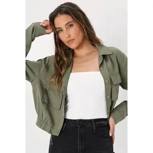 Women's Military  Cropped Jackets Button Down Lightweight Oversized Utility Coat with Pockets