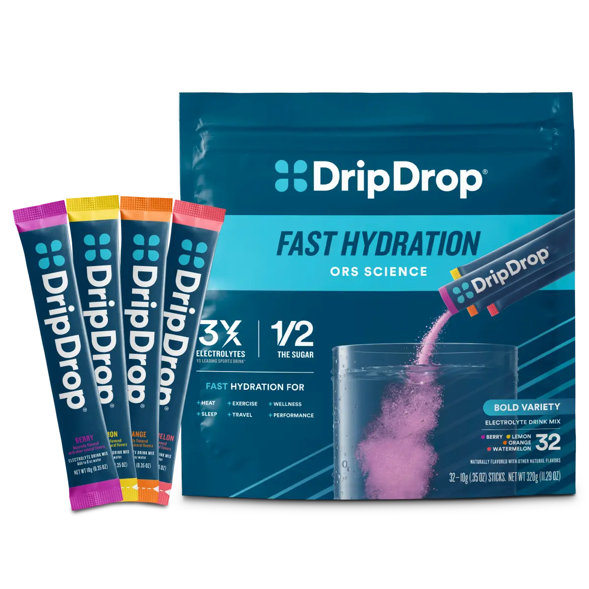 DripDrop Bold Variety Pack Electrolyte Powder, 8 oz sticks, 32 count DripDrop Bold Variety Pack Electrolyte Powder, 8 oz sticks, 32 count