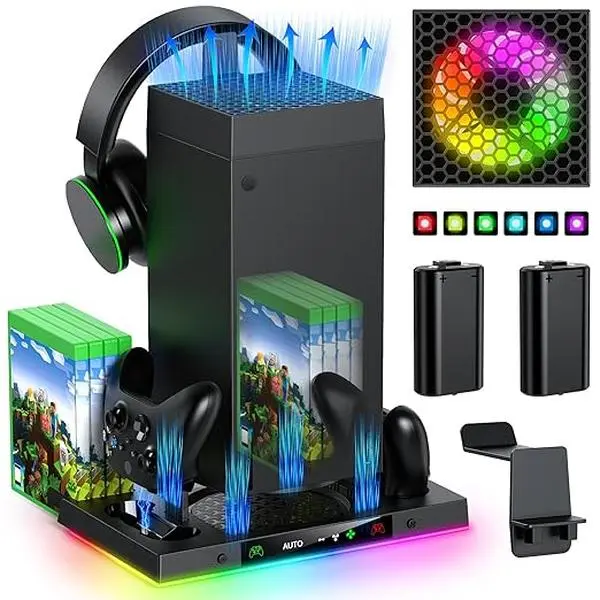 Auto Cooling Fan and Charge Stand Accessories for Xbox Series X Console with 15 Light Modes, Wireless Dual Charger Dock for XSX Controller, 2* Rechargeable Batteries, Headset Stand & Game Disc Storage (Black) Headphones Electronic Gadgets Wearable