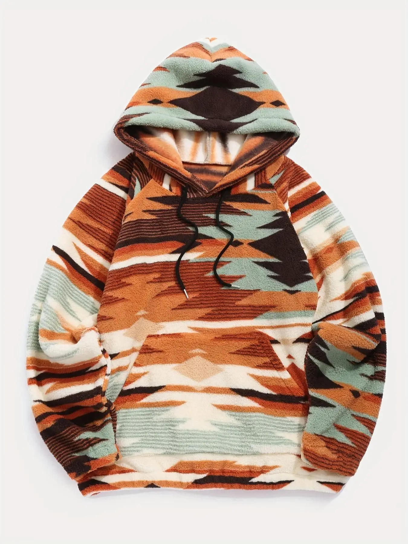 Women's Geometric Print Drawstring Fuzzy Graphic Hoodie, Casual Long Sleeve Pocket Hooded Top for Fall & Winter, Graphic Hoodie, Women's Clothes for D