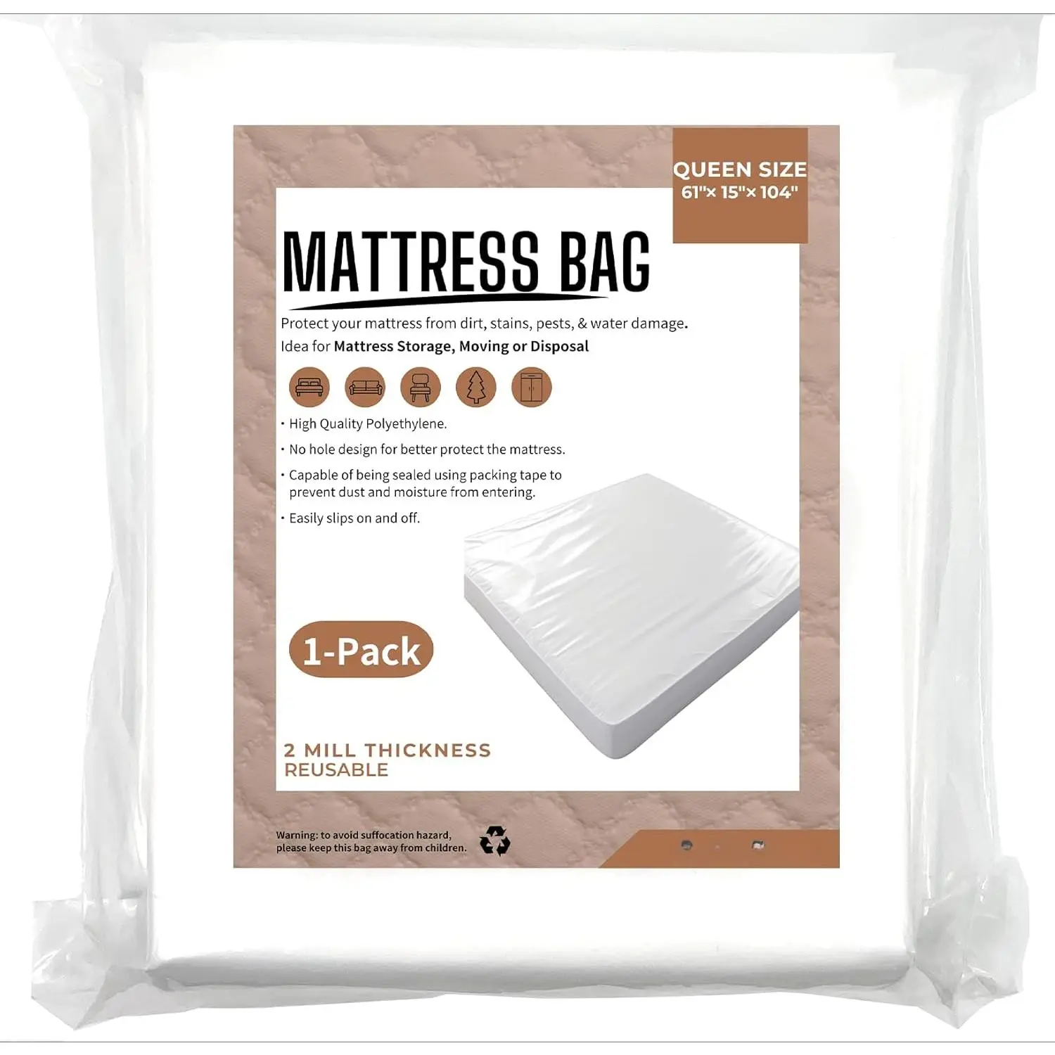 Queen Mattress Bags for Moving and Disposal 61'' x104''x 15'' Waterproof Storage Mattress Cover Queen for Mattress and boxspring, Bed Bug Queen Mattress Cover Protector, Moving Suppliers 1pack.