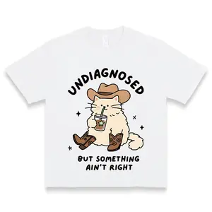 Women's Undiagnosed But Something Aint Right Cat Graphic T Shirt Funny Cowboy Cat Design Short Sleeve Tee Perfect For Casual Daily Wear And Cat Lovers With A Sense Of Humor