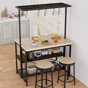 Kitchen Island and Bakers Rack Combo, 3 Tier Microwave Stand with Storage and Oven Shelf, Large Coffee Bar Table, 5 Hooks Storage Shelf for Kitchen Dining Living Room