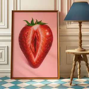 Sliced Strawberry Feminine Fruit Poster - Sliced Strawberry Vintage Wall Art - Body Positive Kitchen Decor, Lesbian Surrealism?Rtwork