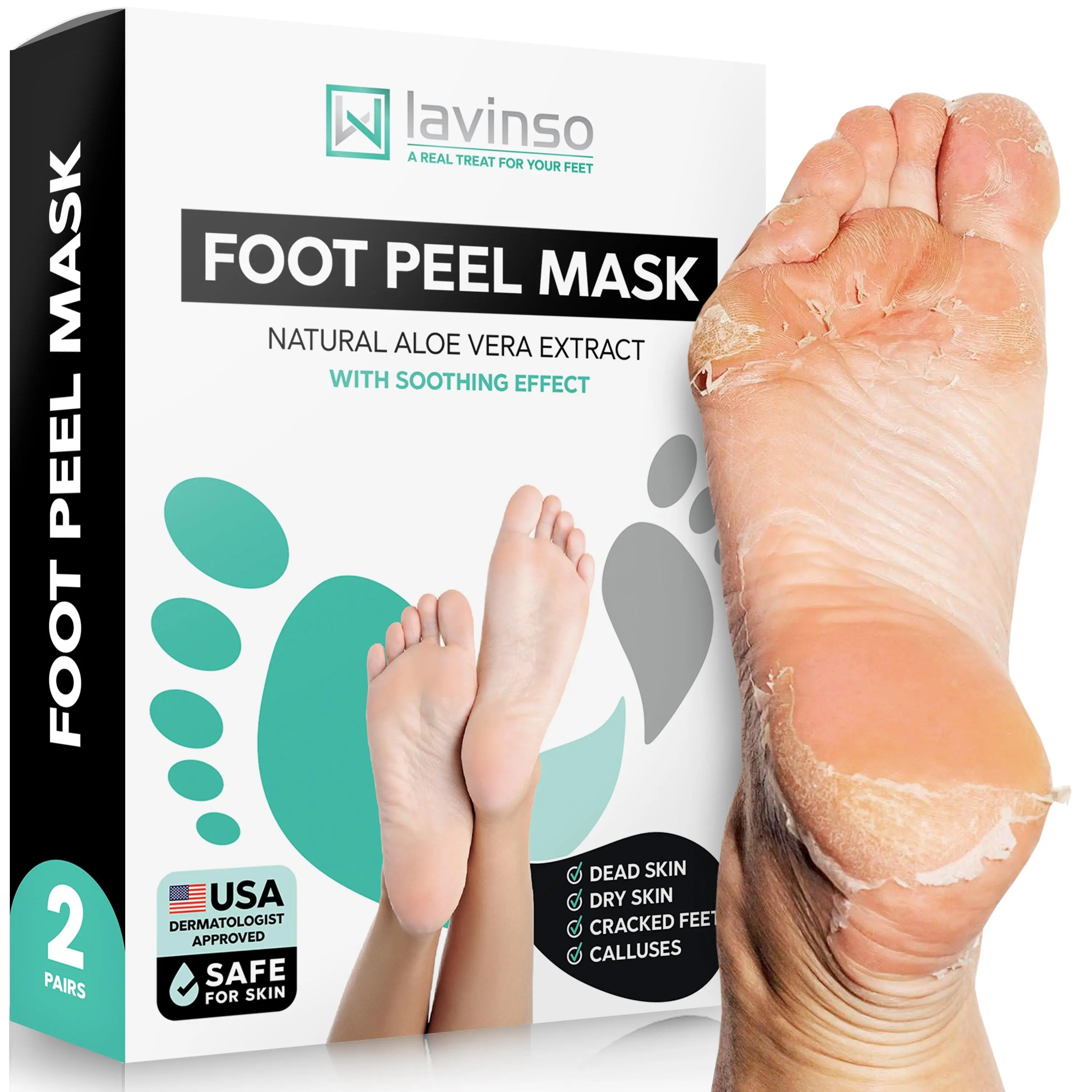 LAVINSO Foot Peel Mask with Natural Aloe Vera Extract for Dry Cracked Feet - Exfoliate Dead Skin & Calluses - Smooth Baby Soft Feet in 1 Week - Safe Dermatologist Approved Moisturizing Foot Mask Exfoliator