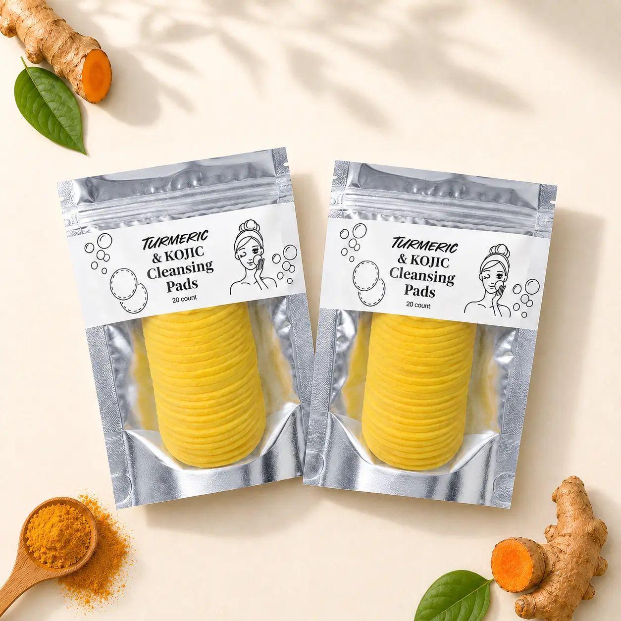 Turmeric & Kojic Acid Cleansing Pads for Face, Exfoliating Facial Cleanser Pads for Daily Deep Cleansing and Pore Care, 2 Pack, 40 Count