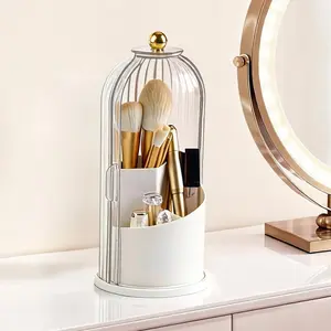 360? Rotating Makeup Brush Holder with Lid,  Three-Compartment Makeup Organizer, 180? Side-Pull Door Desk Organizer,  Brush Holder for  and Bathroom (Transparent)