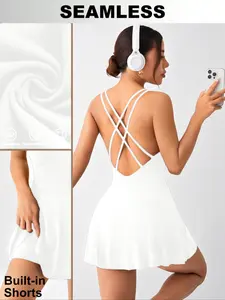 Christmas Women's Cross Back Sporty Dress with Removable Pads, Sleeveless Yoga Skirt Pants, Tight-Fitting All Season Wear, Backless Sports Dress