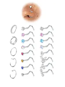 21-Piece Stainless Steel Nose Ring Set, Cute Heart & Butterfly Design, Rhinestone Decorations, Sparkling Rhinestones, Casual Jewelry for All Seasons, Septum Clicker Ring