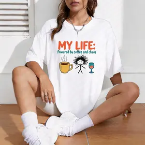 My Life Powered by Coffee and Chaos Funny Graphic Tee for Women, Retro Stick Figure My Life Shirt, 100% Cotton
