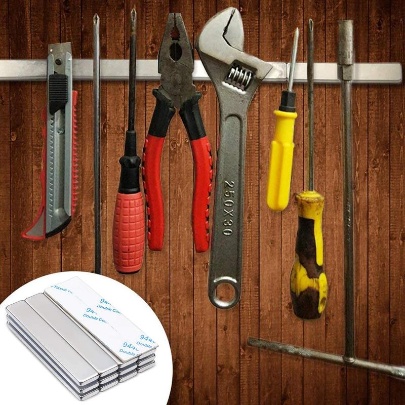 Strong Neodymium Bar Magnets with Adhesive - 6 Pack (60x10x3mm) for Fridge, Garage, Kitchen, Crafts, and DIY