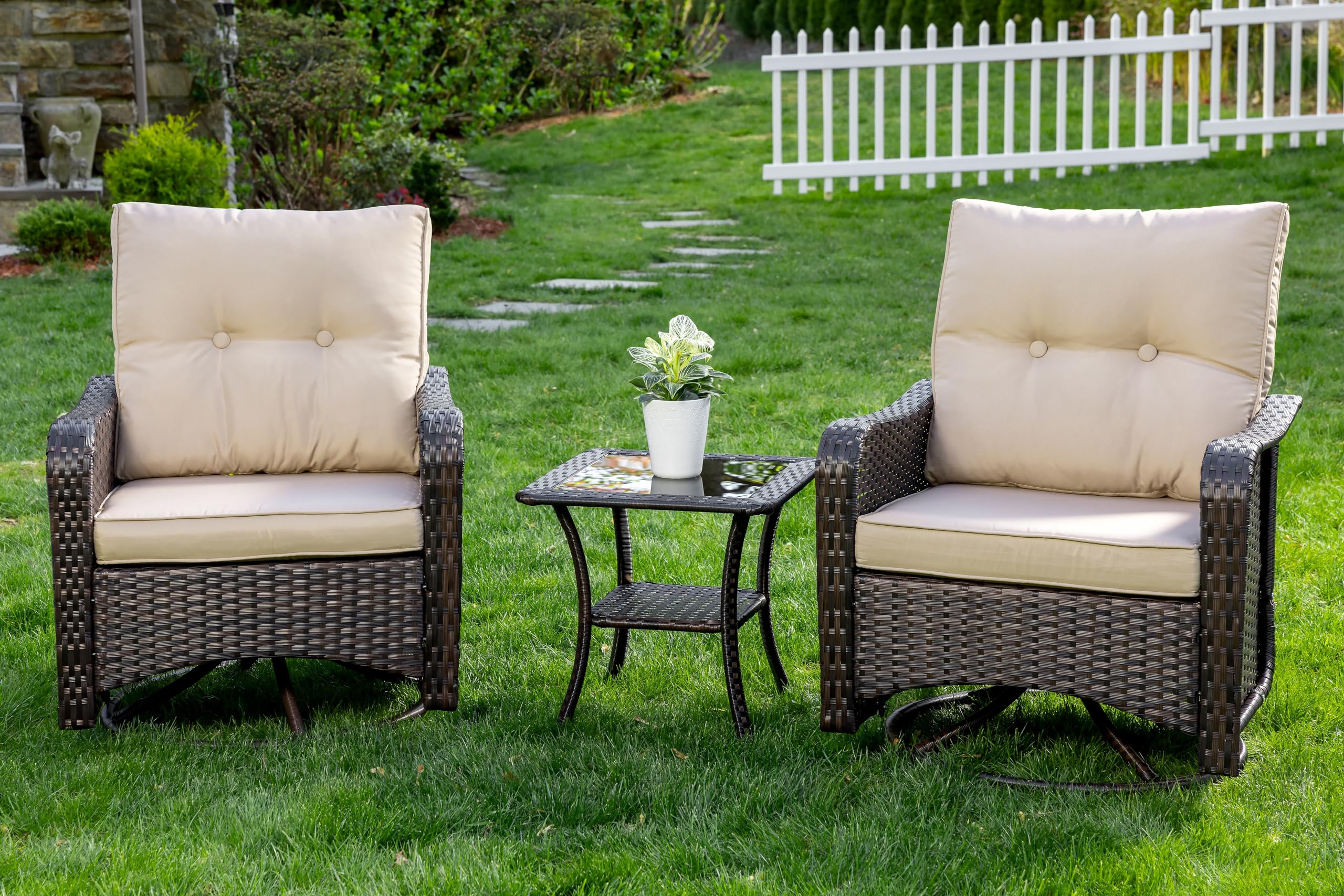 Kullavik 3-Piece Patio Sofa Set, Outdoor Furniture with 4-in Thick Cushions, 360-Degree Swivel Rocking Chairs and Rattan Side Table for Garden, Porch