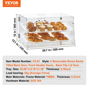 VEVOR Pastry Display Case, 2-Tier Commercial Countertop Bakery Display Case, Acrylic Display Box with Rear Door Access Removable Shelves, Keep Fresh for Donut Bagels Cake Cookie, 20.7x13.2x11.9