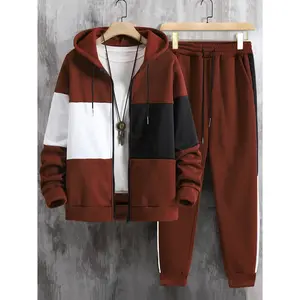 Men's clothing, two-piece contrasting long sleeved zipper hooded jacket and drawstring pants, suitable for outdoor wear