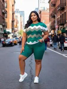 Plus Size Women's Striped Short Sleeve Crew Neck T-Shirt and Solid Color Elastic Waist Wide leg pants Set, Medium Stretch Knit Fabric, Casual Two-Piece Outfit for Spring/Fall Womenswear Adjustable Clothes Matching Suits Top