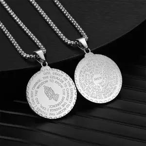 Fashion Stainless Steel Necklace with Prayer Hands Coin Pendant Bible Verse