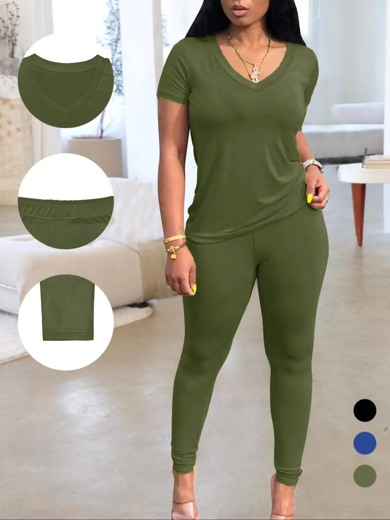 Women's Solid V Neck Basic Minimalist Tee & Skinny Pants Matching Two-piece Set, Womenswear Fashion Style Sets Casual Comfy Fitted Fit Short Sleeve T-shirt & Pants for Everyday Daily Wear, Ladies Summer Clothes