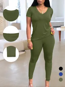 Women's Solid V Neck Basic Minimalist Tee & Skinny Pants Matching Two-piece Set, Womenswear Casual Comfy Fitted Fit Short Sleeve T-shirt & Pants for Everyday Daily Wear, Ladies Summer Clothes