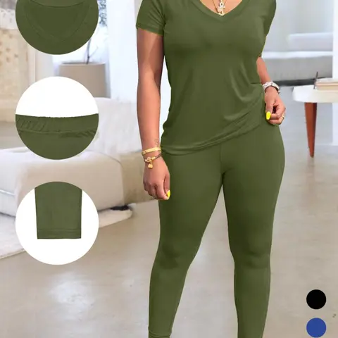 Women's Solid V Neck Basic Minimalist Tee & Skinny Pants Matching Two-piece Set, Womenswear Casual Comfy Fitted Fit Short Sleeve T-shirt & Pants for Everyday Daily Wear, Ladies Summer Clothes, Two pieces sets