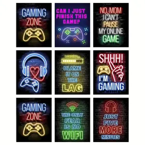 9pcs, 8 X 10 INCH Neon Gamer Quotes Posters Prints, Gaming Room Decor Wall Art, Modern Neon Gaming Decor For Living Room, Bedroom, Office, Bar Game Room Decor, No Frame, Modern Home Decor, Wall Art Decoration